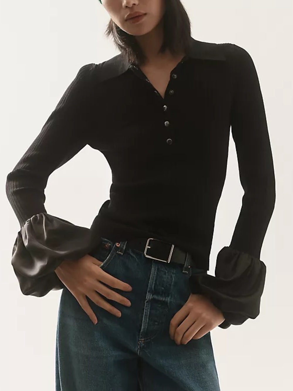 Maeve Anthropologie Satin Cuff Polo Sweater Knit Slim Fit Black Large